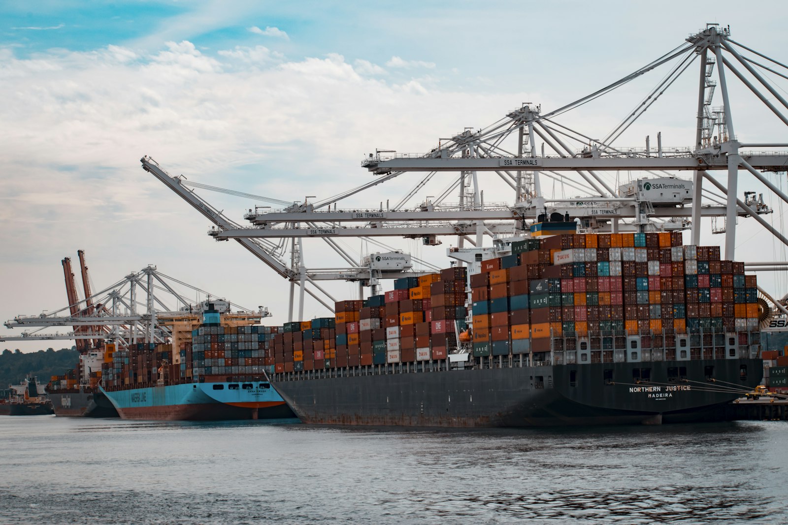 Container ship at port, transatlantic trade